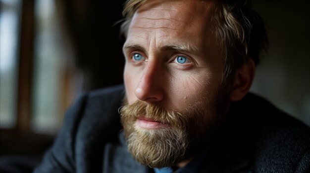 Homme barbu contemplatif aux yeux bleus intenses à la lumière de la fenêtre