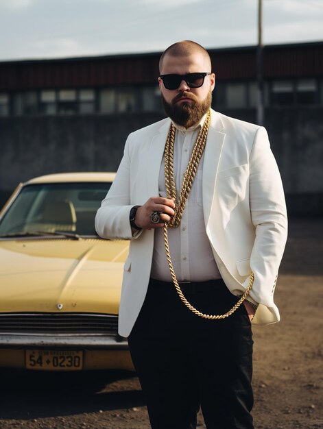 Photo un homme barbu en costume blanc avec des chaînes en or debout devant une voiture vintage jaune