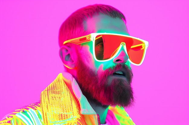 Un homme barbu élégant avec des lunettes de soleil à la lumière du néon Portrait d'un hipster élégant