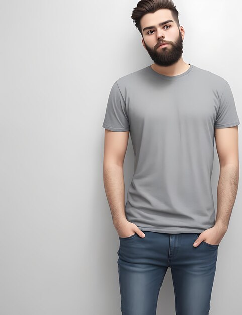 Homme barbu élégant en T-shirt gris surdimensionné et maquette de jean