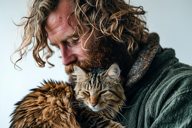 Un homme barbu embrasse son chat sur un fond blanc.