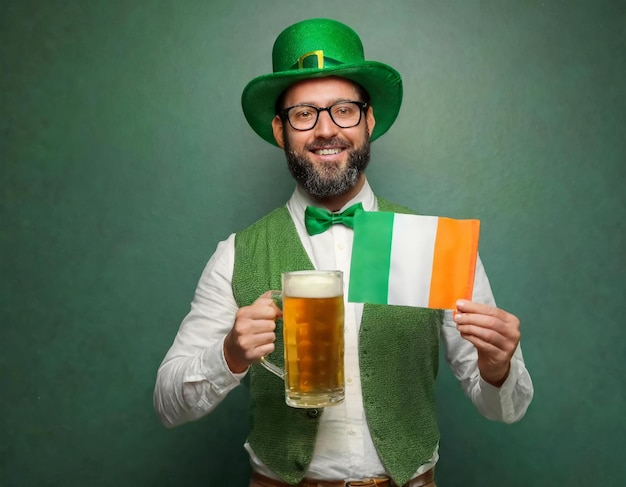 Homme barbu heureux avec un verre de bière et un drapeau irlandais sur un fond vert foncé Jour de Saint-Patrick