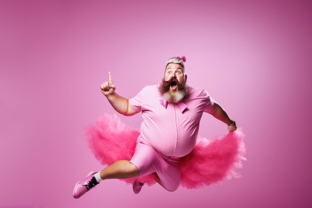 Un homme barbu joyeux pointant vers le haut dans un tutu rose
