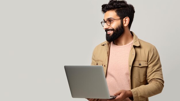 Homme barbu joyeux tenant et tapant sur un ordinateur portable en regardant loin avec un sourire debout sur un fond blanc