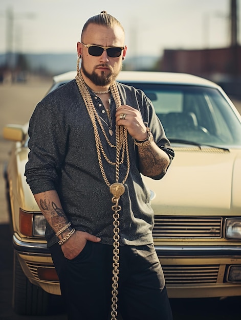 Un homme barbu avec des lunettes de soleil et des chaînes en or debout devant une voiture jaune