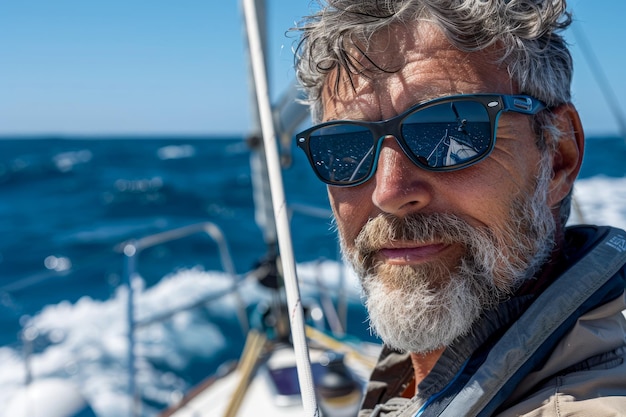 Un homme barbu mûr portant des lunettes de soleil sur un yacht avec un fond d'océan bleu par une journée ensoleillée