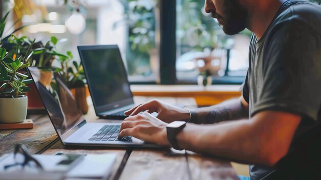 Photo un homme barbu portant un t-shirt noir travaille sur son ordinateur portable dans un café