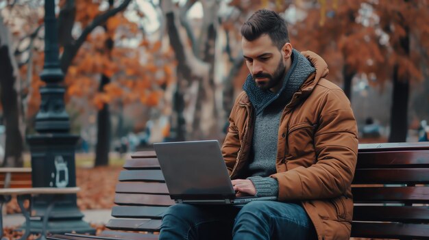 Un homme barbu portant une veste brune et un pull gris est assis sur un banc du parc et travaille sur son ordinateur portable