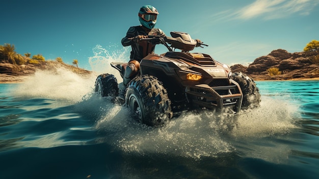 Un homme barbu sur un quad sur la plage en été.