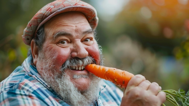 Un homme barbu qui mange des carottes