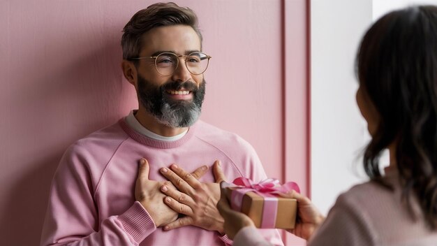 Photo l'homme barbu reconnaissant appuie les paumes sur le cœur étant ému et touché par des paroles agréables apprécie