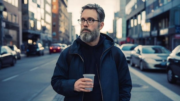 Un homme barbu réfléchi se promène dans la ville et tient une tasse en plastique.