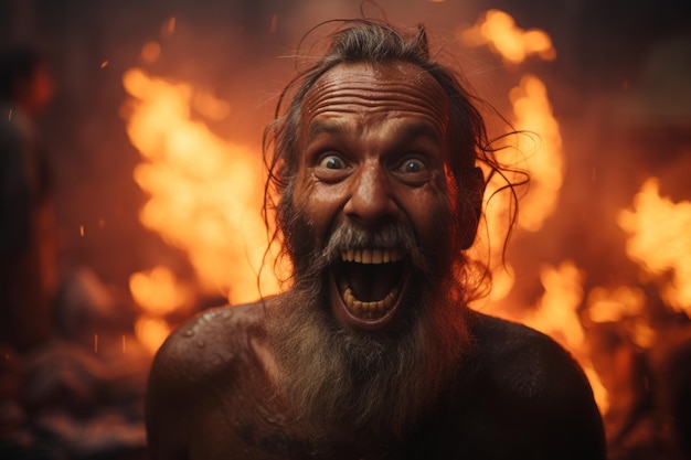 un homme barbu rit devant un feu