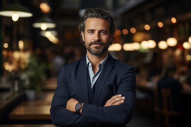 Un homme barbu se tient devant un bar, les bras croisés.