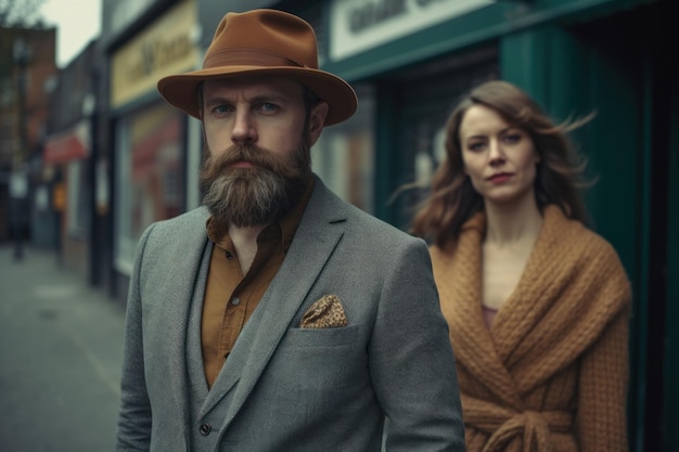 Un homme barbu se tient devant une devanture de magasin avec un homme portant un chapeau et un costume.