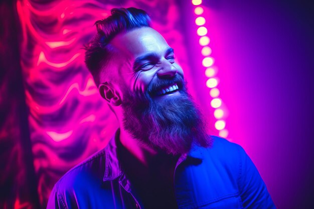 homme barbu souriant sur fond rouge dans le style de la palette de couleurs néon de la photographie ultraviolette