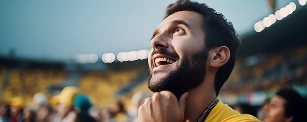 Homme barbu avec le sourire sur le visage regardant un match de sport sur le stade en plein air