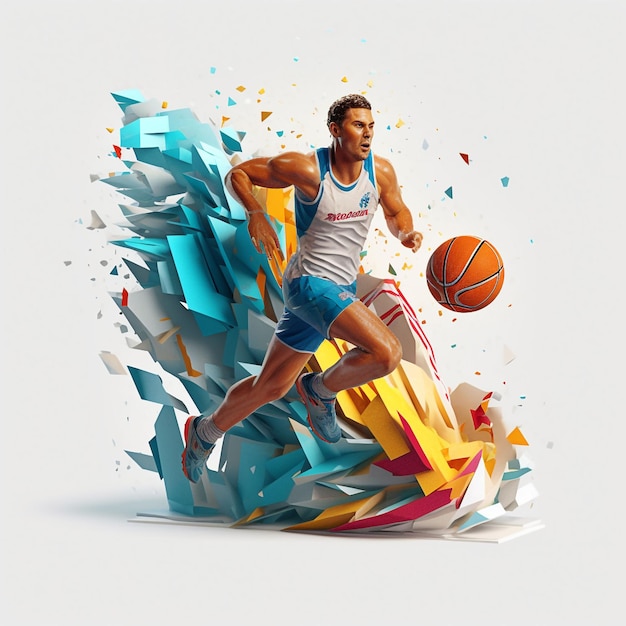 Homme de basket-ball de dessin animé 3d avec ai générative de fond de couleur polygonale