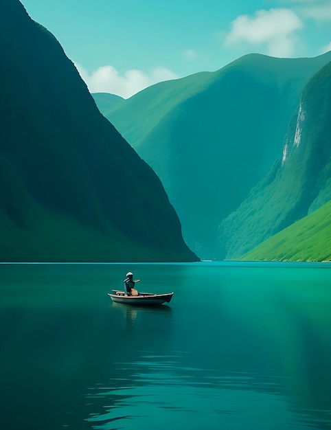 Un homme avec un bateau dans la rivière entourant les montagnes