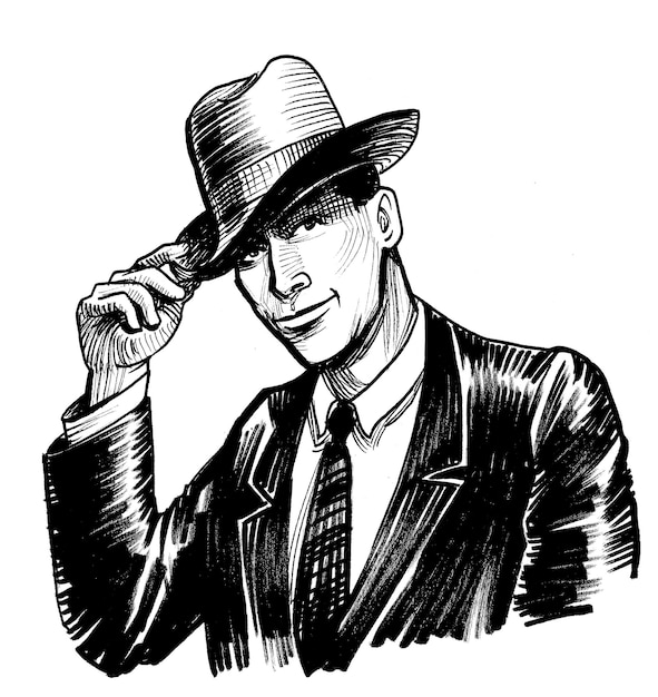 Homme beau avec un chapeau dessin en noir et blanc