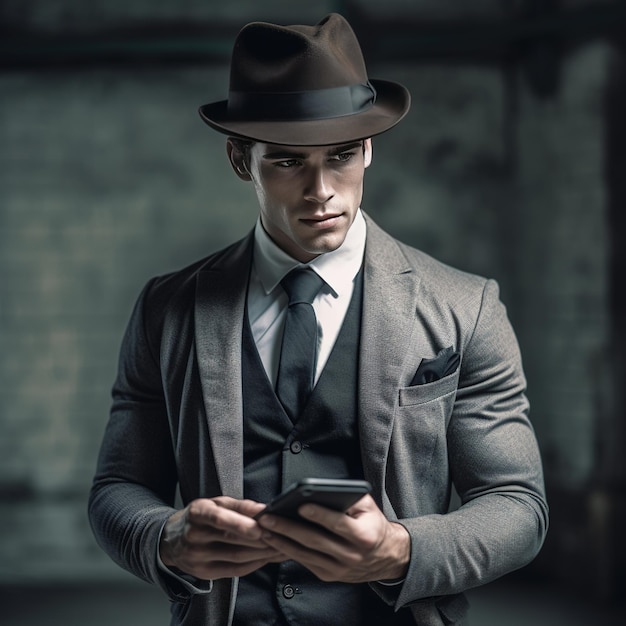 Photo homme beau et élégant dans un chapeau jouant avec son smartphone