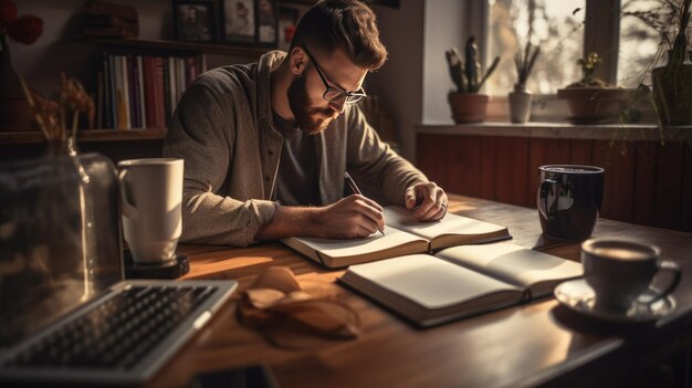 Photo homme beau et intelligent écrivant sur un livre blanc en utilisant un stylo portant une tenue décontractée