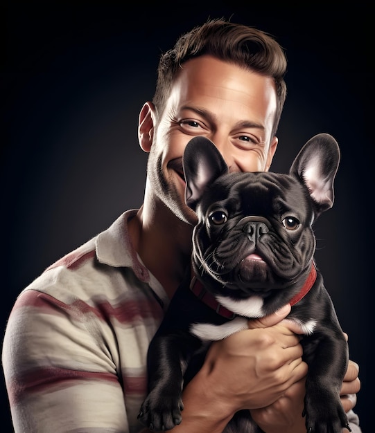 Homme beau souriant avec un bulldog français noir isolé sur un fond sombre