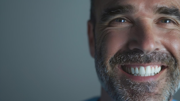 Photo homme avec un beau sourire après la procédure d'installation d'implant dentaire sur fond gris ai générative