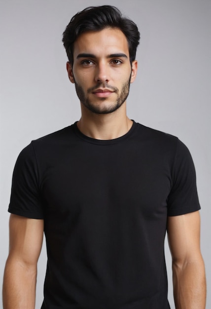 Photo homme beau en t-shirt noir mock-up d'un t-shirt blanc avec un espace de copie pour le texte du logo ou la conception d'impression