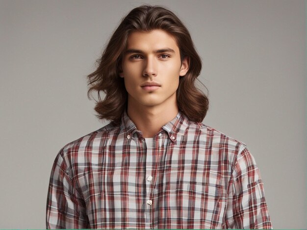 Un homme a une belle coiffure portant une chemise à carreaux de haute qualité à la mode.