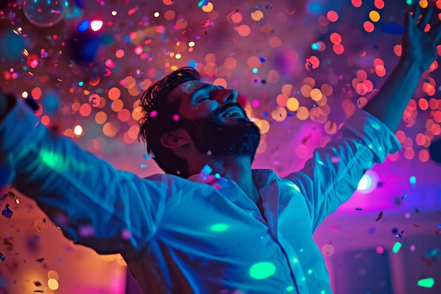 Homme bénéficiant d'une atmosphère de fête animée avec des lumières colorées et des bulles exprimant la joie et la célébration