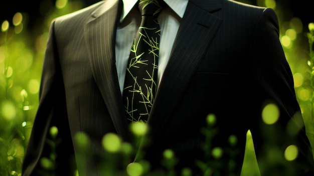 Un homme bien habillé debout dans un champ portant un costume et une cravate exhalant confiance et professionnalisme