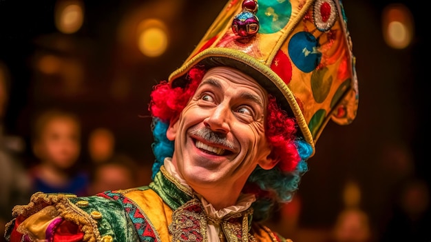 Un homme bizarre dans un étrange clown panaché comme une bannière de tenue faite avec l'IA générative