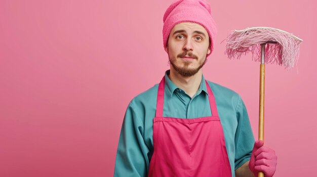 L'homme bizarre avec la moppe dans le décor rose