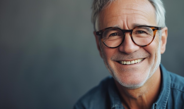 Un homme blanc âgé heureux en lunettes ayant un large sourire charmant se tient seul à l'intérieur pose pour la caméra