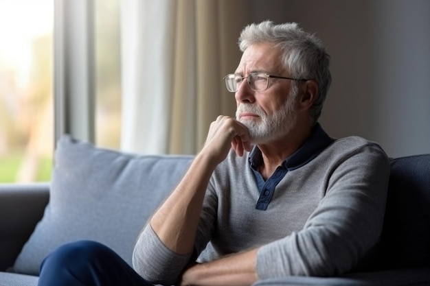 Un homme blanc aux cheveux gris mûr et réfléchi se détend sur le canapé dans le salon regarde au loin pense rêve grand-père de 70 ans réfléchi se repose sur le canapé à la maison