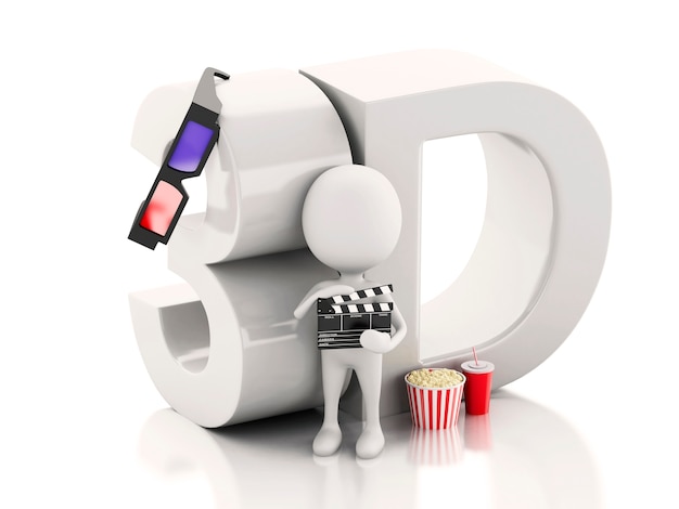 Homme blanc avec battant cinéma, pop-corn, boisson et lunettes 3d