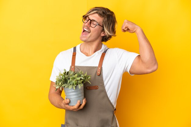 Homme blond jardinier tenant une plante isolée