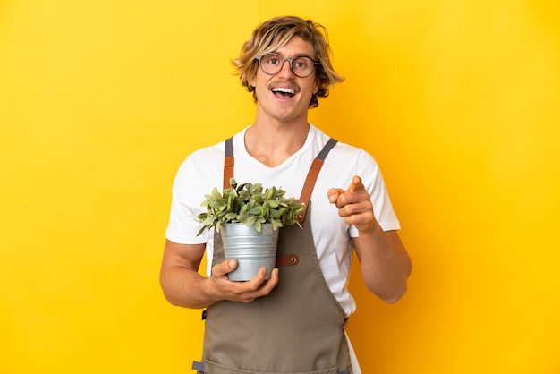 Homme blond jardinier tenant une plante isolée