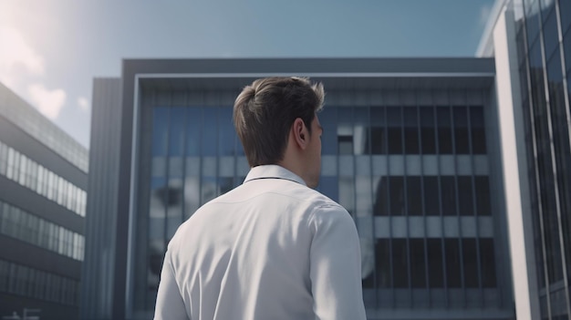 Un homme en blouse blanche se tient devant un bâtiment avec un ciel bleu derrière lui