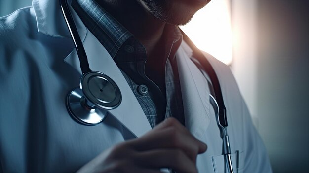 Un homme en blouse blanche avec un stéthoscope sur le cou regarde un verre d'eau.