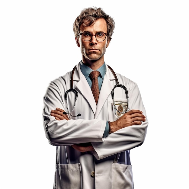 Un homme en blouse blanche avec un stéthoscope sur le cou se tient debout, les bras croisés.
