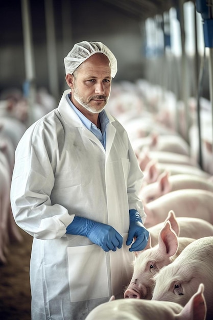 un homme en blouse de laboratoire debout à côté d'un groupe de porcs