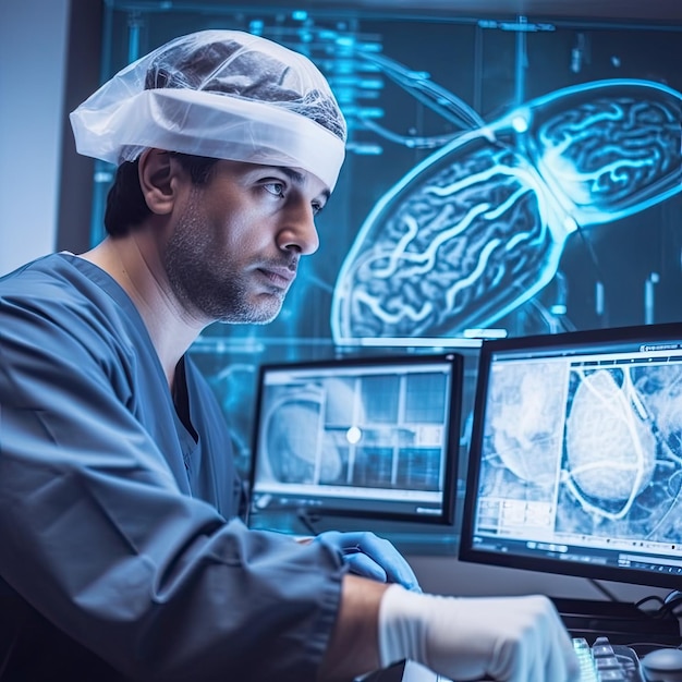 Un homme en blouse de laboratoire est assis devant un ordinateur avec un scanner cérébral à l'écran.