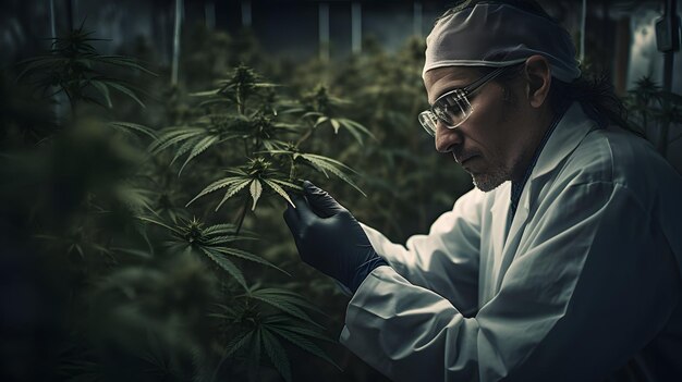 Un homme en blouse de laboratoire examine une plante.