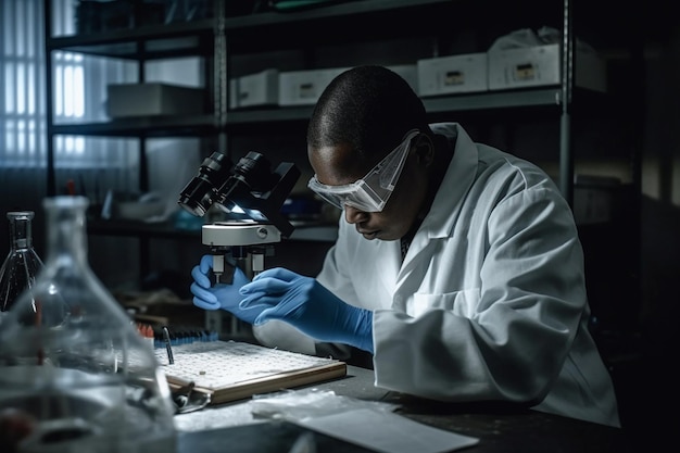 Un homme en blouse de laboratoire et lunettes de protection travaille sur un microscope.