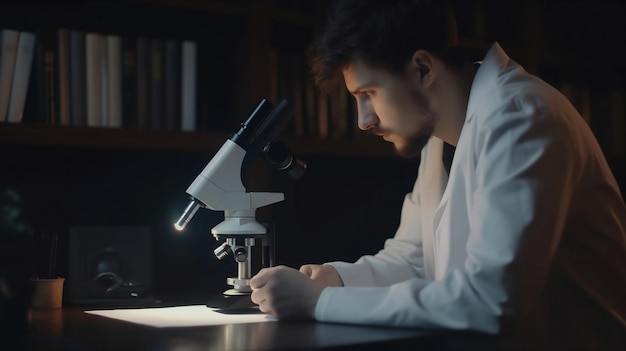 Un homme en blouse de laboratoire regarde un microscope.