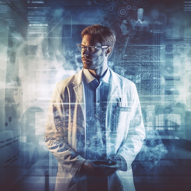 Un homme en blouse de laboratoire se tient devant un écran sur lequel est écrit "science"