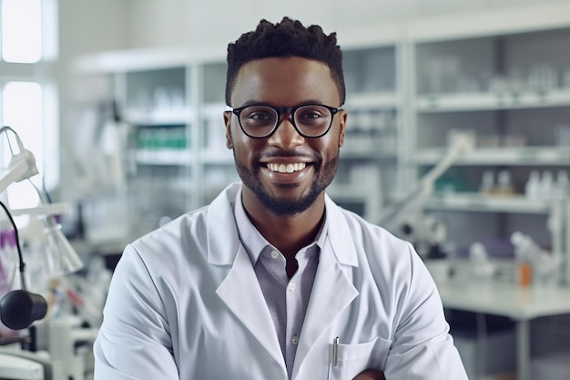 Un homme en blouse de laboratoire sourit à la caméra.