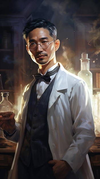 un homme en blouse de laboratoire tenant un verre